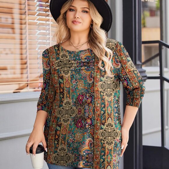 Plus Size Long Sleeve Tops for Women Fall Crewneck Shirts Pleated Casual Dressy - Picture 4 of 4